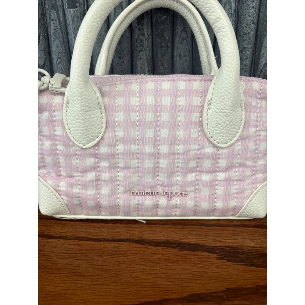 Nanette‎ Lepore Pink Gingham Quilted Mini Crossbody Bag White Trim Small Satchel
